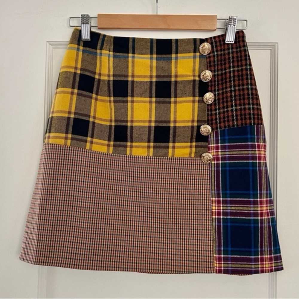 Patchwork Plaid Mini Skirt in Yellow and Navy